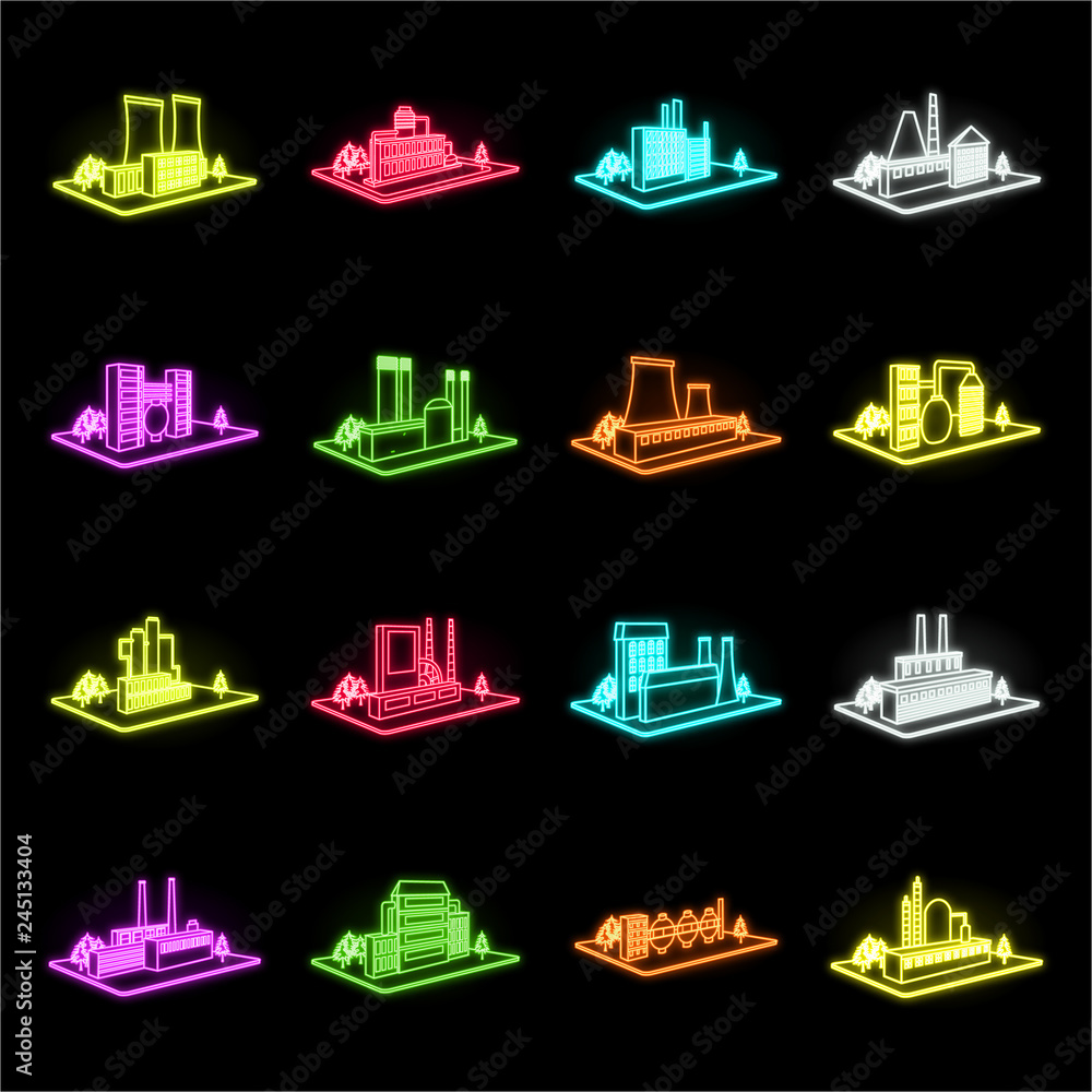 Factory and plant neon icons in set collection for design. Production and enterprise vector isometric symbol stock web illustration.