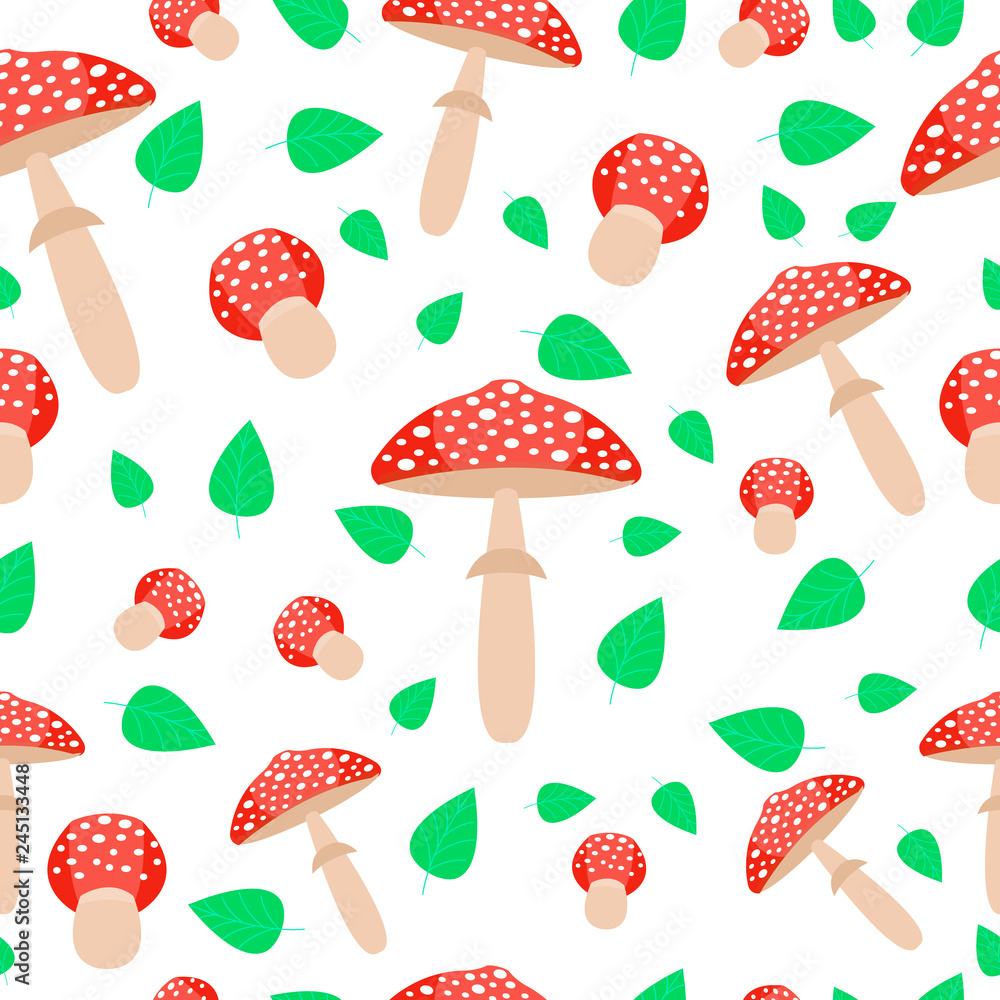 Amanita seamless pattern. Fly agaric vector illustration. Flat cartoon style. Amanita seamless pattern. Fly agaric vector illustration. Flat cartoon style.