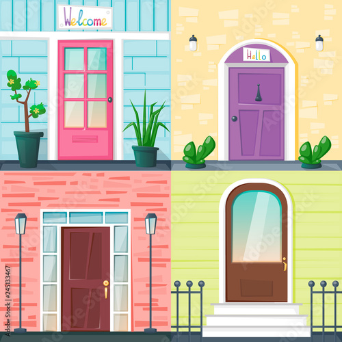 Set of entrance doors on the different wall backgrounds with lanterns, fence and plants in pots. Bright vector illustration. Flat cartoon style.