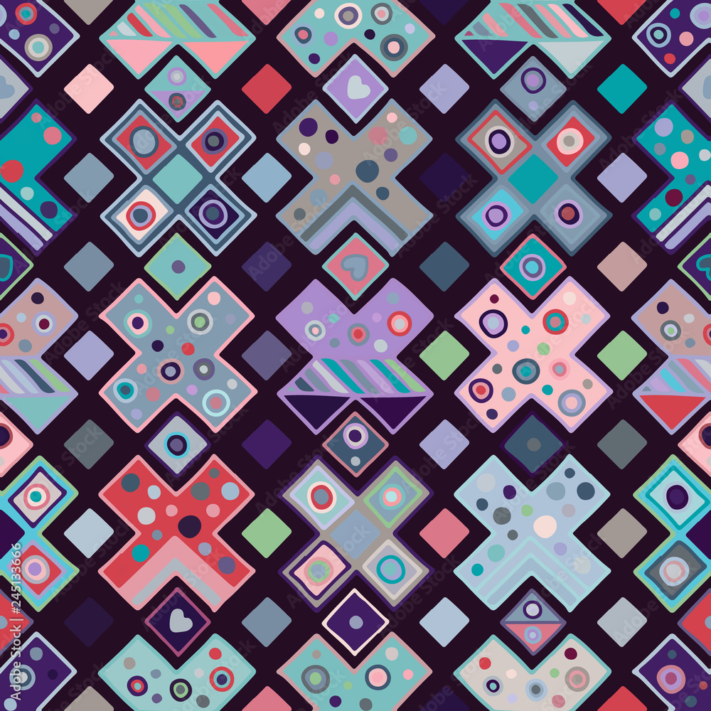 Seamless vector pattern. geometrical background with hand drawn decorative tribal elements. Print with ethnic, folk, traditional motifs. Graphic illustration for wrapping, wallpaper, fabric, packing Seamless vector pattern. geometrical background with hand drawn decorative tribal elements. Print with ethnic, folk, traditional motifs. Graphic illustration for wrapping, wallpaper, fabric, packing