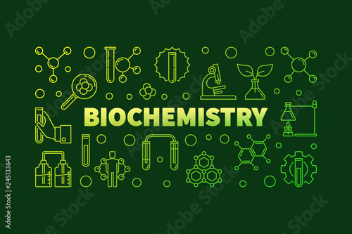 Biochemistry vector green concept horizontal banner or illustration in outline style on dark background