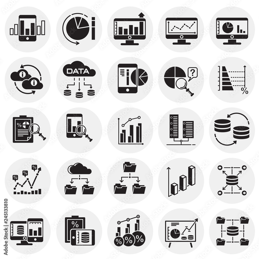 Data analysys icons set on circles background for graphic and web design, Modern simple vector sign. Internet concept. Trendy symbol for website design web button or mobile app
