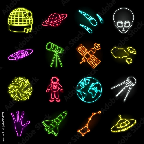 Space technology neon icons in set collection for design.Spacecraft and equipment vector symbol stock web illustration.