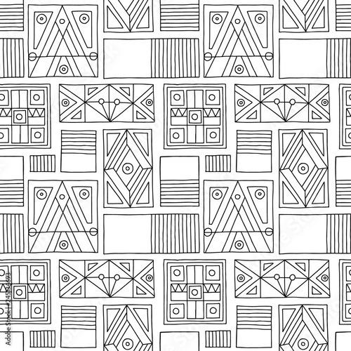 Seamless vector pattern. Black and white geometrical hand drawn background with etnic elements. Print for background, wallpaper, packaging, wrapping, fabric. Tribal grafhic design