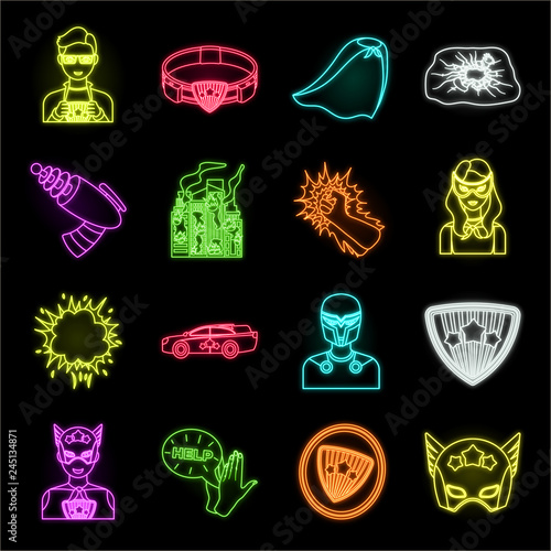 A fantastic superhero neon icons in set collection for design. Superhero's equipment vector symbol stock web illustration.