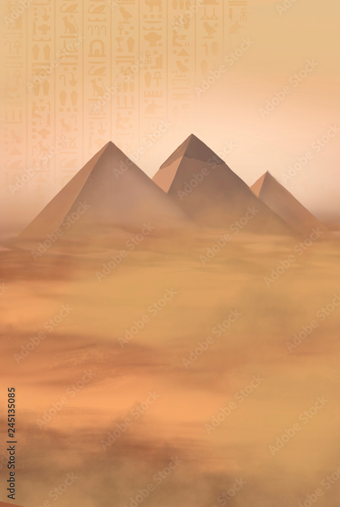 Desert landscape with pyramids. Sandstorm, camel caravan.