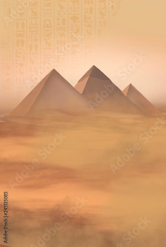 Desert landscape with pyramids. Sandstorm  camel caravan.