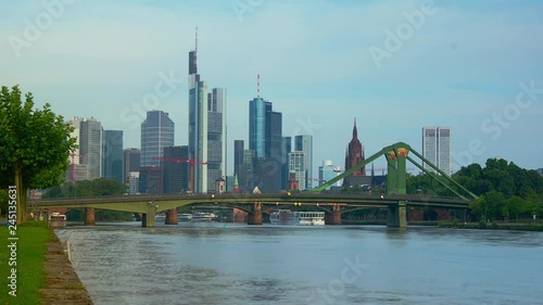 Bank buildings across the river Main in Frankfurt am Main, Germany.  Frankfurt is a global financial center, time lapse,4k photo