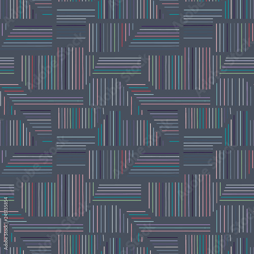Geometric vector seamless dark blue pattern with different geometrical lined forms. Striped square, triangle, rectangle. Modern techno minimal design. Abstract background. Graphic Illustration