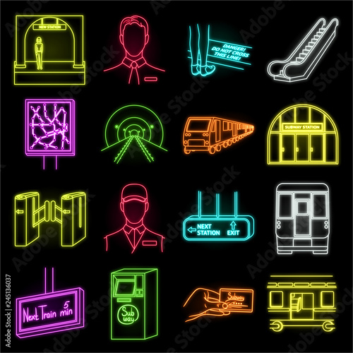 Metro, subway neon icons in set collection for design.Urban transport vector symbol stock web illustration.