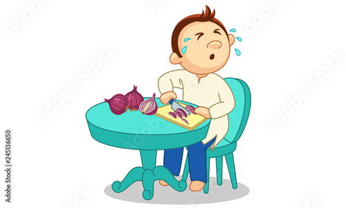 Man slicing onion and crying