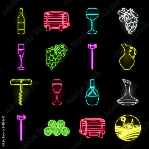 Wine products neon icons in set collection for design. Equipment and production of wine vector symbol stock web illustration.
