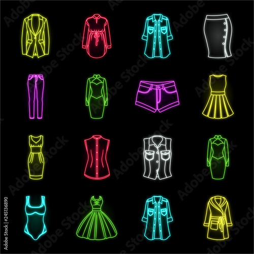 Types of female hairstyles neon icons in set collection for design. Appearance of a woman vector symbol stock web illustration.