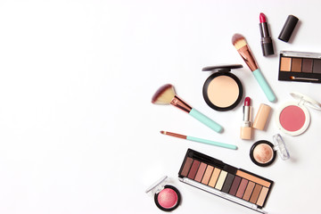 professional makeup tools. Products for makeup on a white background top view. A set of various products for makeup.