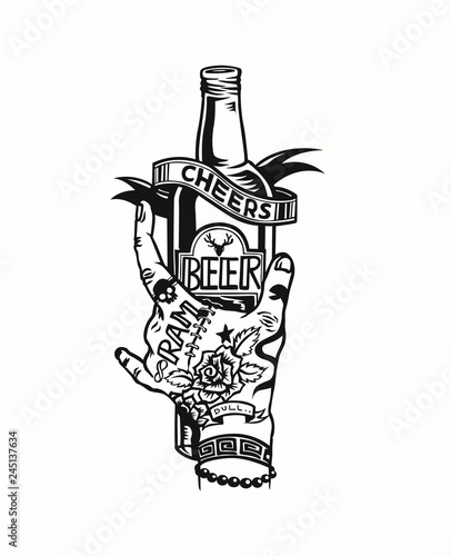 Hand holding the beer bottle - Cheers, vector illustration