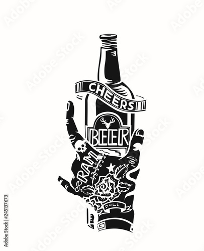 Hand holding the beer bottle - Cheers, vector illustration
