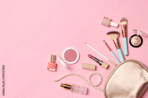  professional makeup tools. Makeup products on a colored background top view. A set of various products for makeup.