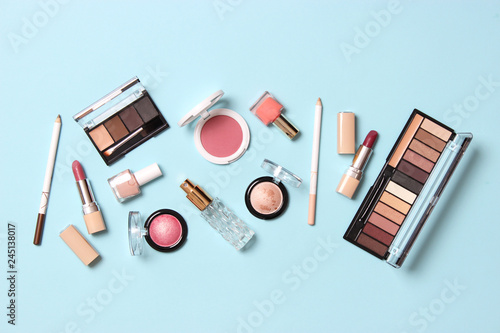  professional makeup tools. Makeup products on a colored background top view. A set of various products for makeup.