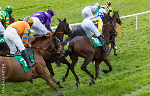 Group of jockeys and race horses racing towards the finish line