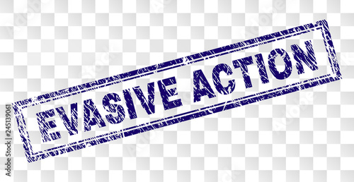 EVASIVE ACTION stamp seal imprint with rubber print style and double framed rectangle shape. Stamp is placed on a transparent background.