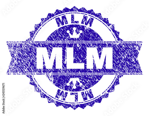 MLM rosette seal imprint with grunge texture. Designed with round rosette, ribbon and small crowns. Blue vector rubber print of MLM title with dust texture.