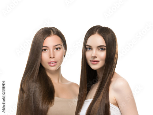 Beautiful hair women group beauty concept woman with long hairstyle different color and fashion isolated on white. Curly and smooth brunette and blonde hair model
