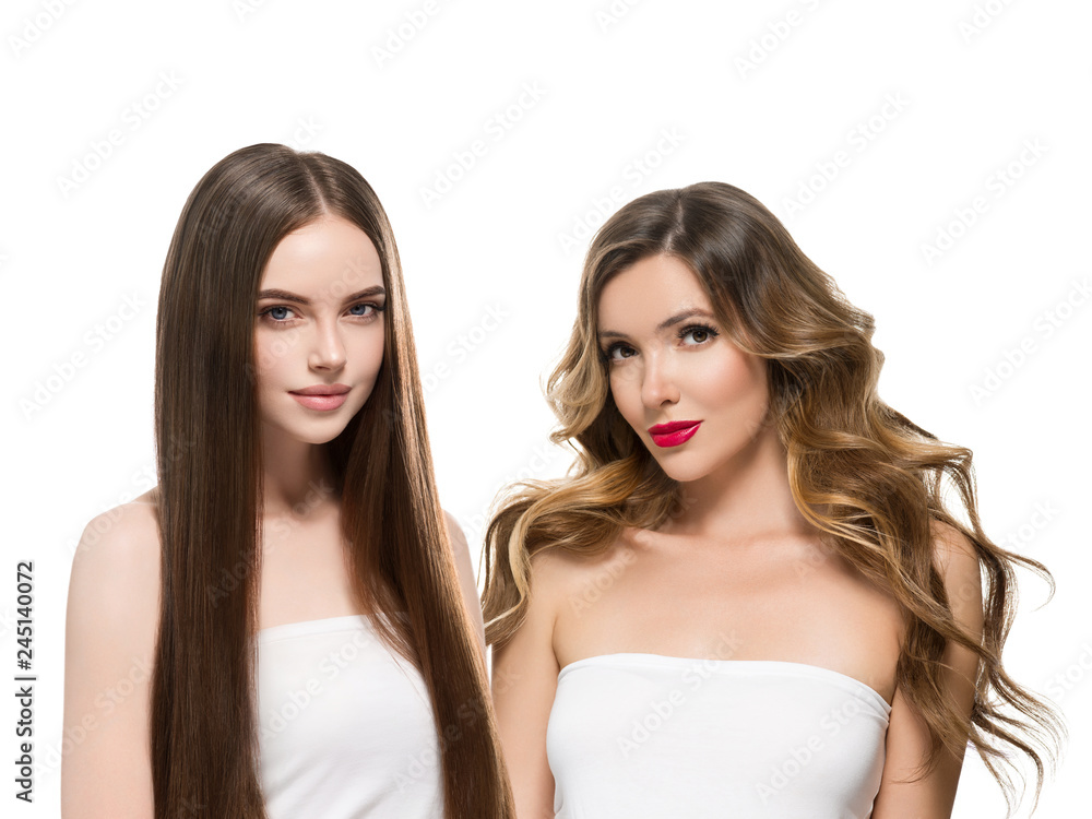 Beautiful hair women group beauty concept woman with long hairstyle  different color and fashion isolated on white. Curly and smooth brunette  and blonde hair model Stock Photo | Adobe Stock