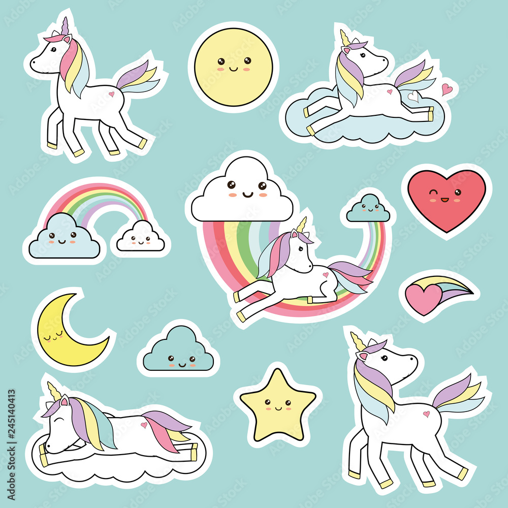 Cute unicorn elements - kawaii style Cute unicorn elements - kawaii style