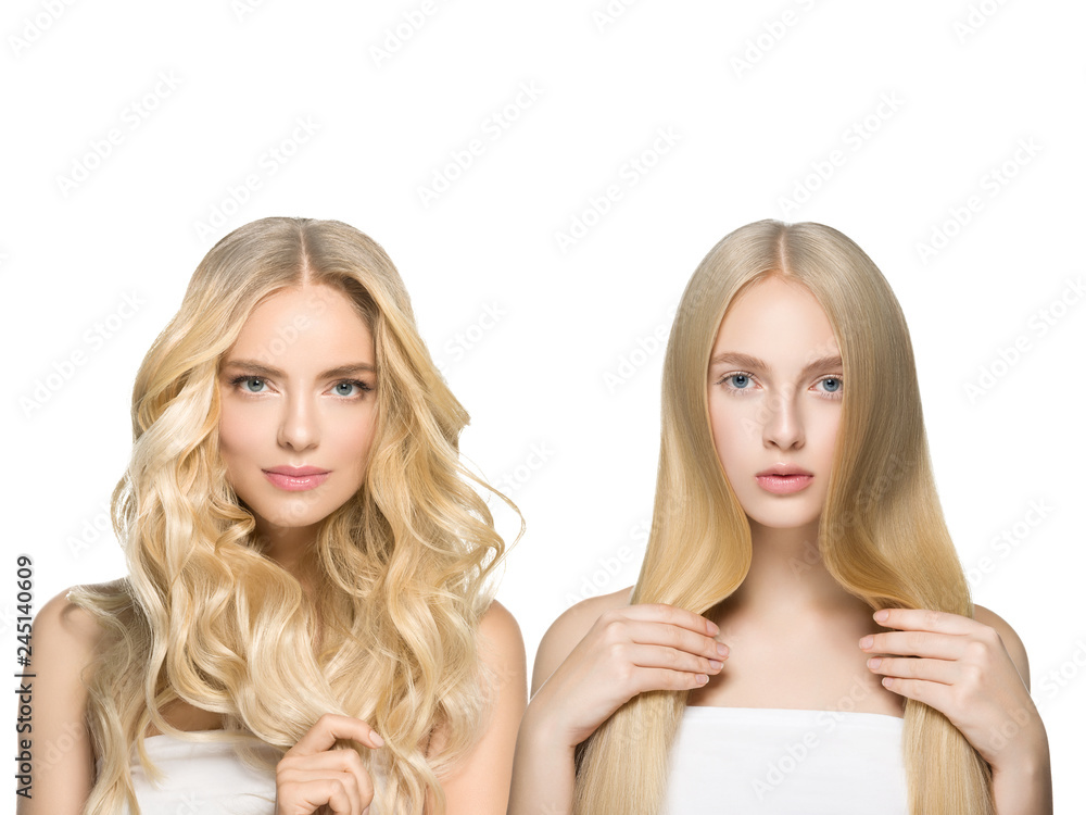 Beautiful hair women group beauty concept woman with long hairstyle different color and fashion isolated on white. Curly and smooth brunette and blonde hair model Beautiful hair women group beauty concept woman with long hairstyle different color and fashion isolated on white. Curly and smooth brunette and blonde hair model