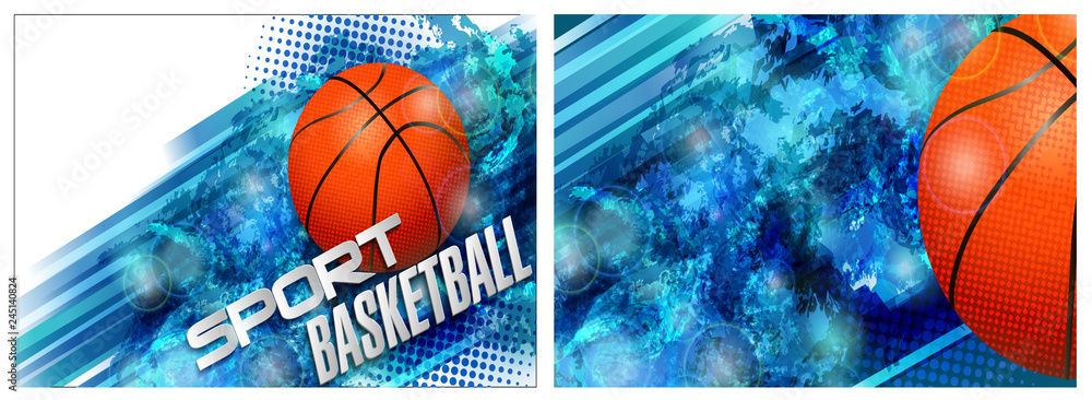 Horizontal card for a basketball club with a flying basketball ball on a blue background