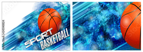 Horizontal card for a basketball club with a flying basketball ball on a blue background