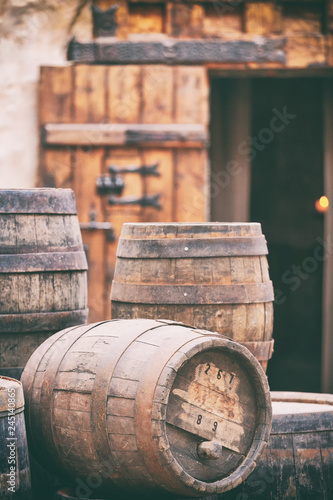 Antique oak barrels with steel hoops