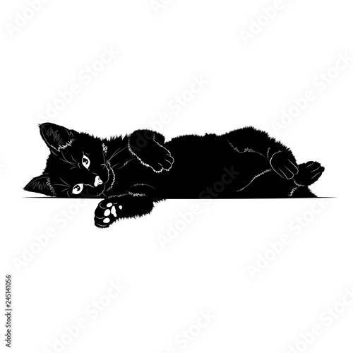 Vector illustration. Black silhouette of a lying cat