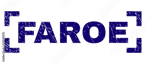 FAROE text seal imprint with distress texture. Text tag is placed between corners. Blue vector rubber print of FAROE with unclean texture.