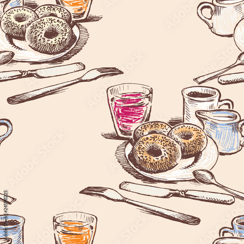 Seamless background of donuts and drinks for a breakfast