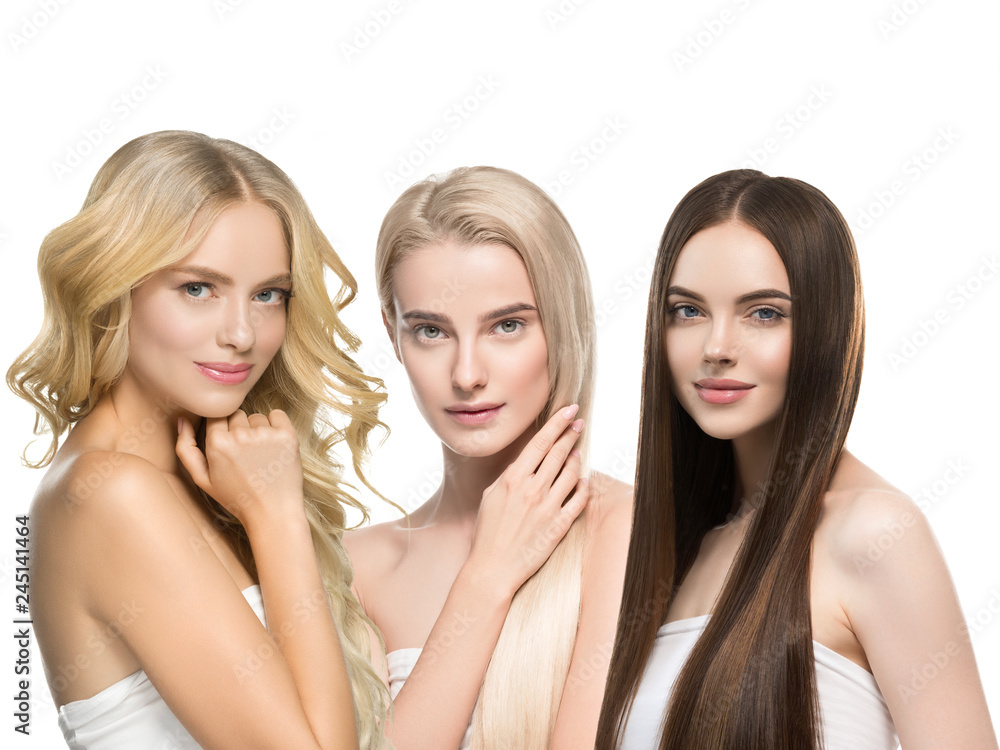 Beautiful hair women group beauty concept woman with long hairstyle different color and fashion isolated on white. Curly and smooth brunette and blonde hair model Beautiful hair women group beauty concept woman with long hairstyle different color and fashion isolated on white. Curly and smooth brunette and blonde hair model