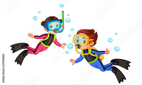 Vector illustration of scuba diver girl and boy