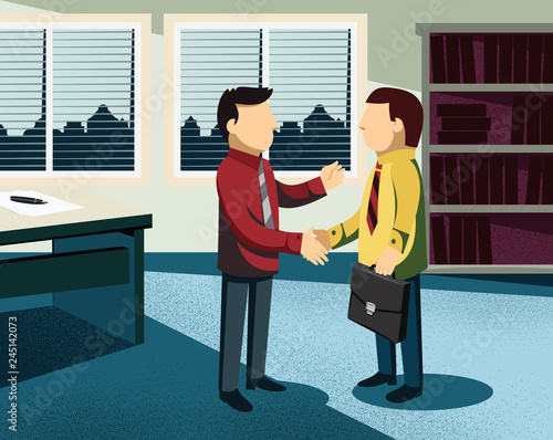 Man looking for a new job. Real estate agency interior. Financial advice. Customer service. Simple cartoon vector illustration.