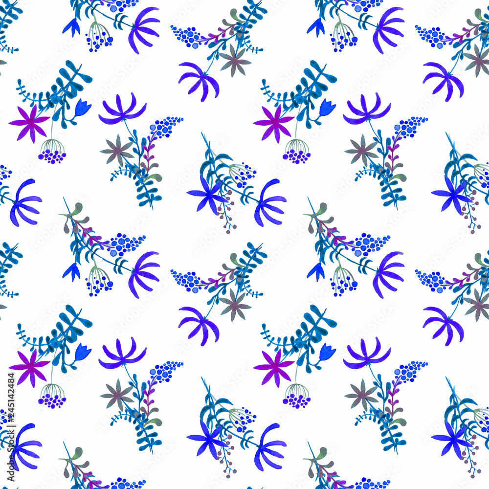Cute watercolor floral seamless pattern. Blue boho
