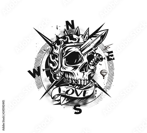 Skull Compass T shirt Graphic Design, Vector illustration.