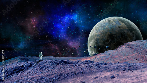 Fototapeta Naklejka Na Ścianę i Meble -  Space scene. Colorful nebula with planet, asteroid and astonaut. Elements furnished by NASA. 3D rendering