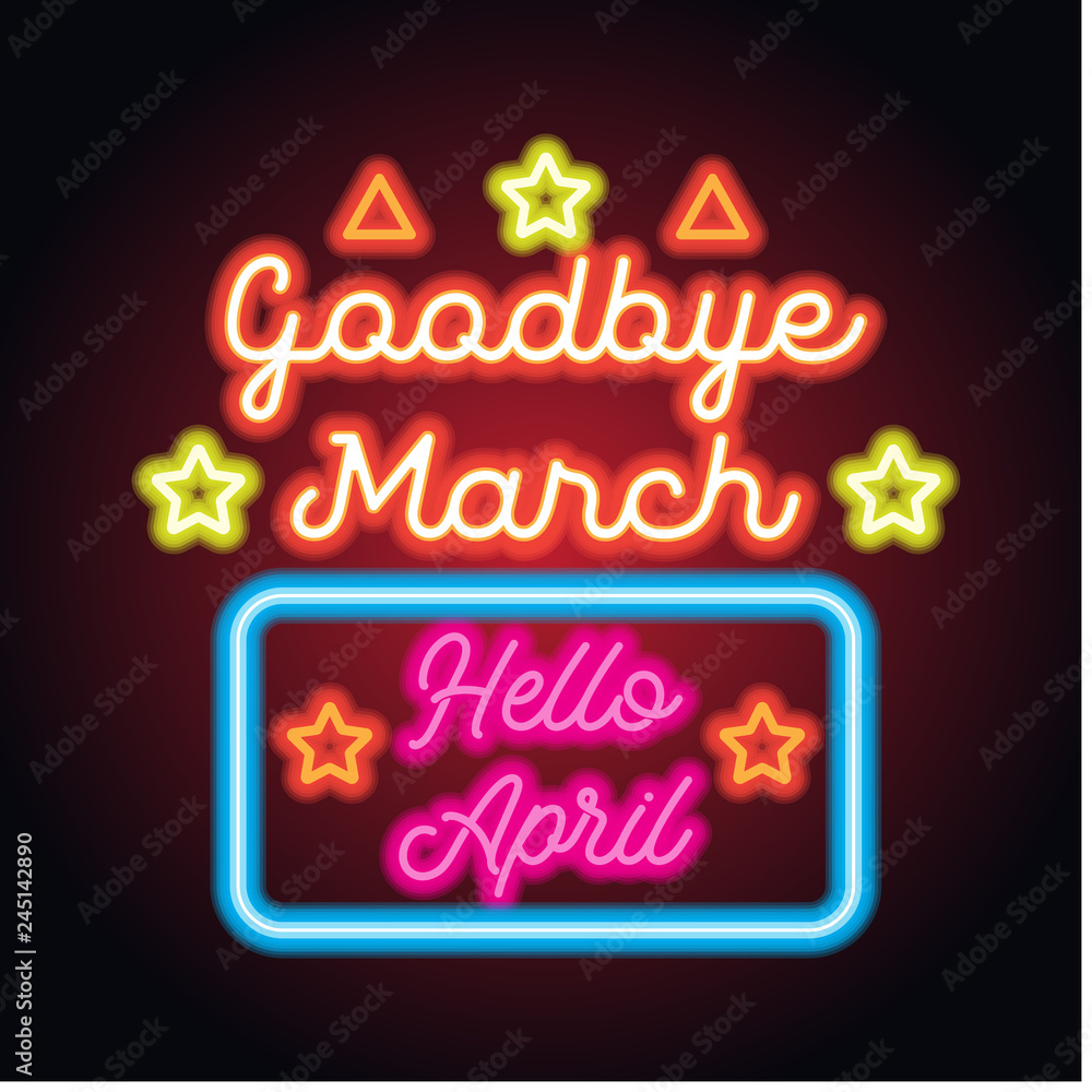 goodbye march hello april spring text sign with frame, vector illustration