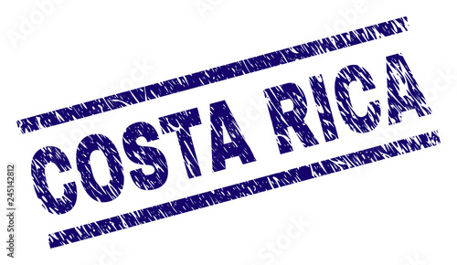 COSTA RICA seal print with grunge style. Blue vector rubber print of COSTA RICA caption with unclean texture. Text caption is placed between parallel lines.