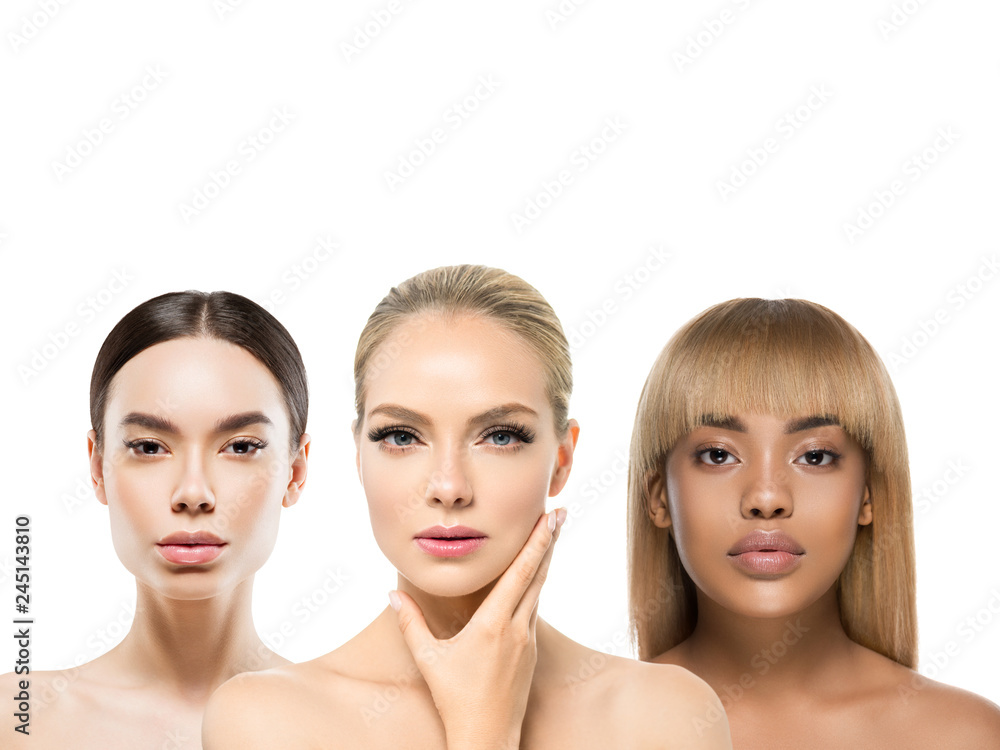 Ethnic beauty women cosmetic beautiful female group healthy skin and hair different skin tones