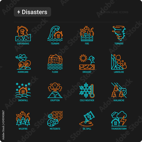 Disasters thin line icons set: earthquake, tsunami, tornado, hurricane, flood, landslide, drought, snowfall, eruption, thunderstorm, avalanche, meteorite, wildfire. Modern vector illustration.