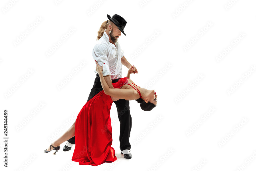 Portrait of young elegance tango dancers isolated over white background Portrait of young elegance tango dancers isolated over white background