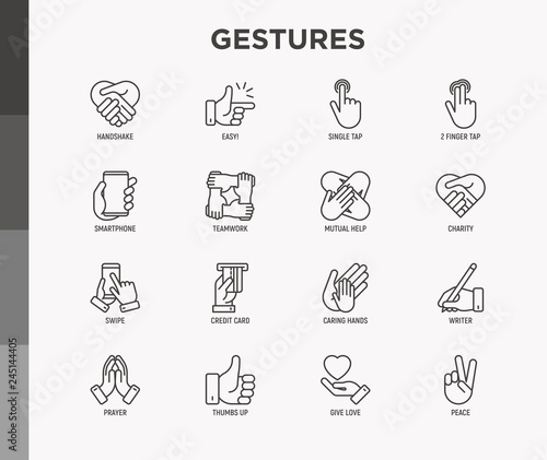Hands gestures thin line icons set: handshake, easy sign, single tap, 2 finger tap, holding smartphone, teamwork, mutual help, swipe, insert credit card, prayer. Modern vector illustration. photo