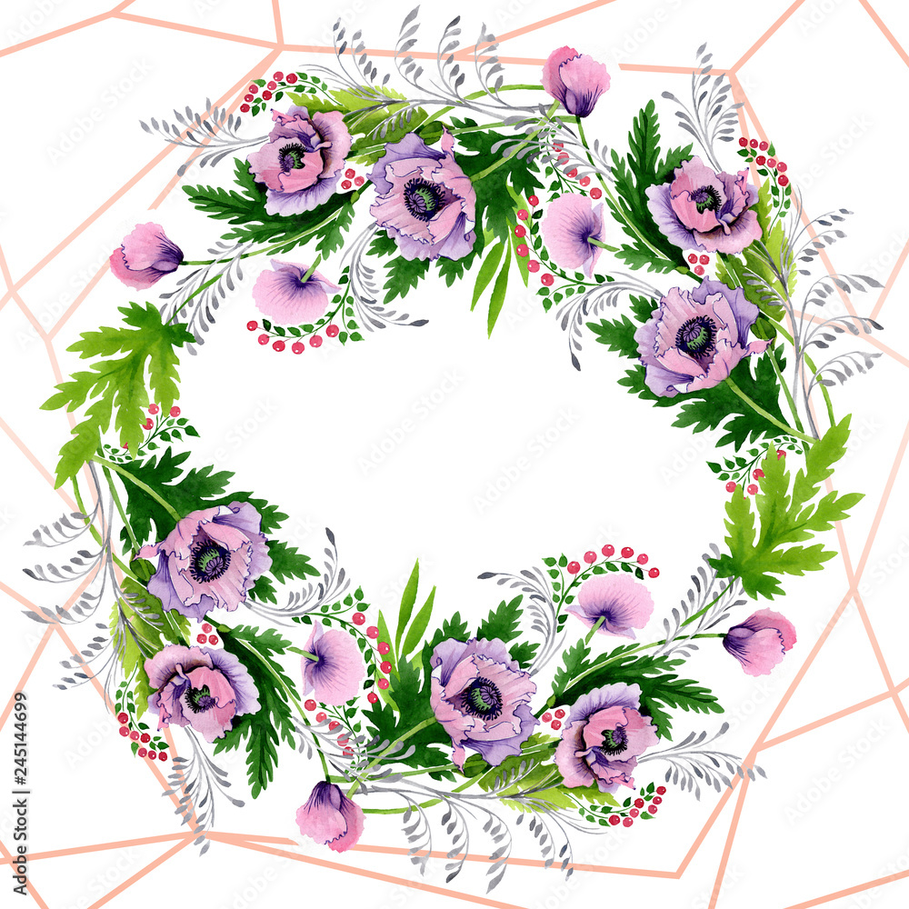 Pink purple poppy floral botanical flower. Watercolor background illustration set. Frame border ornament square.