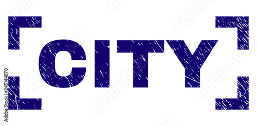 CITY text seal stamp with distress texture. Text title is placed inside corners. Blue vector rubber print of CITY with dirty texture.