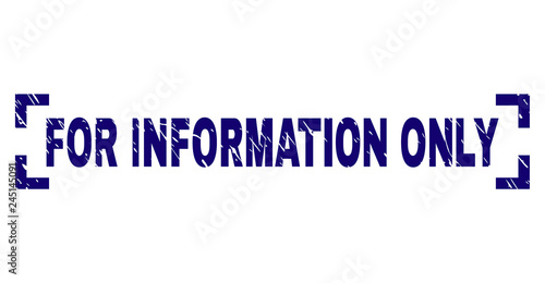 FOR INFORMATION ONLY label seal imprint with distress texture. Text caption is placed inside corners. Blue vector rubber print of FOR INFORMATION ONLY with corroded texture.